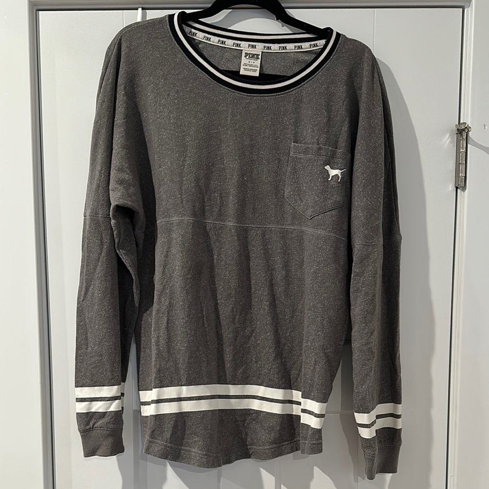 PINK Victoria's Secret Gray and White Sweatshirt with Striped Trim